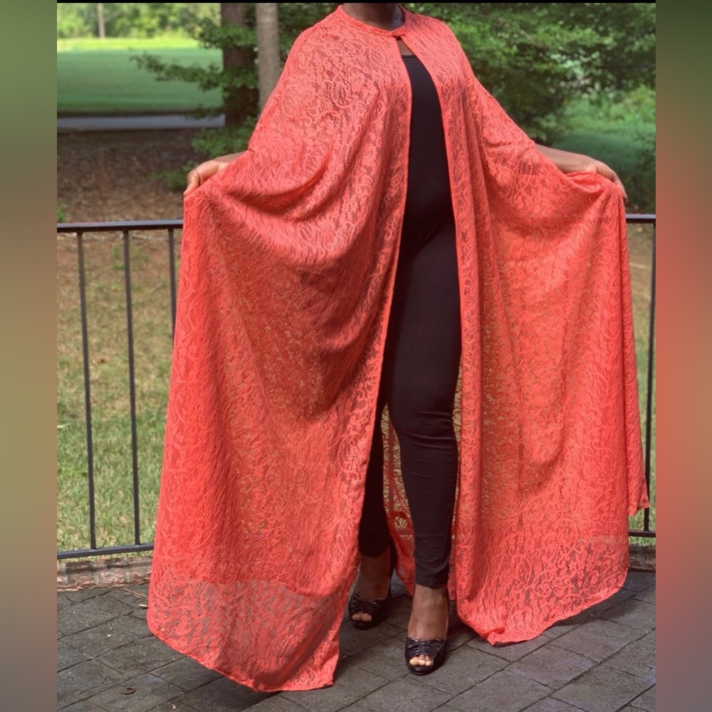 Handmade Orange Lace Open Front Kaftan Maxi Dress